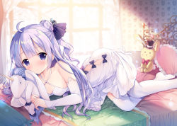 Rule 34 | 1girl, ahoge, azur lane, bed, bed sheet, commentary request, curtains, day, detached sleeves, dress, hair bun, highres, holding, holding stuffed toy, indoors, long hair, looking at viewer, lying, on stomach, one side up, pillow, purple eyes, purple hair, side bun, single hair bun, single side bun, smile, solo, sousouman, stuffed animal, stuffed rabbit, stuffed pegasus, stuffed toy, stuffed unicorn, stuffed winged unicorn, unicorn (azur lane), white dress, window