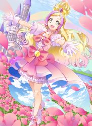 Rule 34 | 1girl, :d, absurdres, blonde hair, castle, collarbone, cure flora, day, dress, dutch angle, earrings, field, flower, flower field, gloves, go! princess precure, green eyes, haruno haruka, highres, jewelry, long hair, multicolored hair, open mouth, outdoors, outstretched arms, outstretched hand, parted bangs, pink dress, pink flower, precure, purple hair, smile, solo, standing, two-tone hair, very long hair, white gloves, yuutarou (fukiiincho)