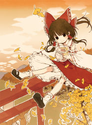 Rule 34 | 1girl, aquarium, autumn, bloomers, bow, brown eyes, brown hair, child, cloud, detached sleeves, forest, ginkgo tree, ginkgo leaf, hair bow, hair ribbon, hair tubes, hakurei reimu, japanese clothes, leaf, long hair, looking at viewer, mary janes, miko, nature, nontraditional miko, okari, orange sky, ribbon, scenery, shoes, skirt, sky, smile, solo, sudosakana, sunset, torii, touhou, tree, underwear