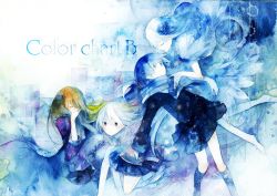 Rule 34 | 4girls, abstract, aji77, artbook, black hair, blonde hair, blue theme, bow, cover, cover page, covering face, dress, closed eyes, hair bow, long hair, looking at another, multiple girls, original, painting (medium), pale skin, scarf, school uniform, short hair, skirt, traditional media, watercolor (medium), white hair