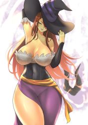 Rule 34 | 1girl, anagumasan, armpits, bare shoulders, breasts, cleavage, curvy, detached sleeves, dragon&#039;s crown, dress, hat, hat over one eye, highres, holding, holding clothes, holding hat, large breasts, one eye covered, side slit, sorceress (dragon&#039;s crown), strapless, strapless dress, thighs, vanillaware, wide hips
