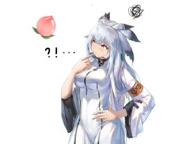 Rule 34 | !?, 1girl, arknights, armband, breasts, chinese commentary, commentary request, dan shuimo yin, dress, finger to mouth, food, fruit, hand on own hip, hand up, index finger raised, long hair, long sleeves, medium breasts, peach, pointy hair, ptilopsis (arknights), ptilopsis (elite ii) (arknights), rhine lab logo, silver hair, simple background, solo, squiggle, upper body, white background, white dress, wide sleeves, yellow eyes