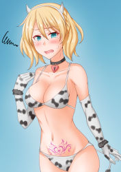Rule 34 | 1girl, animal print, anti (untea9), bikini, blonde hair, blue background, blue eyes, braid, breasts, choker, cleavage, collarbone, colorado (kancolle), commentary request, cow print, cow tail, elbow gloves, fake horns, gloves, gradient background, heart lock (kantai collection), highres, horns, jewelry, kantai collection, large breasts, locket, medium breasts, pendant, pubic tattoo, short hair, side-tie bikini bottom, side braids, solo, squiggle, swimsuit, tail, tattoo, white bikini, white gloves