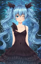 Rule 34 | 1girl, absurdres, artist name, black dress, black ribbon, blue eyes, blue hair, blush, breasts, bubble, cleavage, collarbone, deep sea girl, dress, earrings, hair ribbon, hatsune miku, highres, huge filesize, jewelry, long hair, looking at viewer, one eye closed, parted lips, rachel bouvier, ribbon, sleeveless, small breasts, twintails, underwater, very long hair, vocaloid, watermark