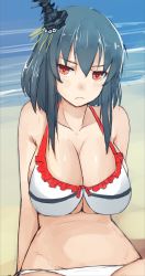 Rule 34 | 1girl, alternate costume, bare shoulders, beach, bikini, black hair, breasts, cleavage, frown, jitome, kantai collection, large breasts, looking at viewer, navel, pen (pen3), red eyes, short hair, solo, stomach, swimsuit, white bikini, yamashiro (kancolle)