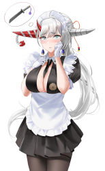 Rule 34 | 1girl, apron, asymmetrical horns, azur lane, black dress, black pantyhose, blue eyes, blush, braid, breasts, commentary request, dress, earrings, gloves, hakuryuu (azur lane), hakuryuu (slice dice and serve) (azur lane), highres, horns, jewelry, large breasts, long hair, looking at viewer, maid apron, maid headdress, mismatched horns, mole, mole on breast, multiple horns, official alternate costume, pantyhose, ponytail, qing wu, red horns, short dress, side braid, silver hair, simple background, solo, sword, tears, thought bubble, weapon, white apron, white background, white gloves, white horns