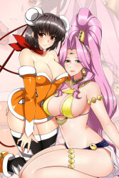 Rule 34 | 2girls, arm at side, armlet, bare shoulders, black hair, black thighhighs, breasts, bun cover, circlet, cleavage, commission, crossover, double bun, dress, earrings, eliza mayfield, gensou suikoden, gensou suikoden v, green eyes, growlanser, growlanser iv, hair bun, hand on another&#039;s thigh, high ponytail, jeane (suikoden), jewelry, kneeling, large breasts, lindaroze, lipstick, long hair, looking at viewer, makeup, multiple girls, navel, necklace, orange dress, orange eyes, orange footwear, parted bangs, pink hair, red ribbon, red scarf, revealing clothes, ribbon, scarf, shiny clothes, shiny skin, shoes, short dress, short hair, sitting, smile, strapless, strapless dress, thighhighs, thighlet, wariza, zettai ryouiki, zoom layer