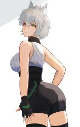 Rule 34 | 1girl, animal ear fluff, animal ears, ass, bare shoulders, black gloves, breasts, cat ears, closed mouth, commentary request, gloves, grey hair, hair between eyes, high-waist shorts, highres, labebebe lee, large breasts, looking back, na&#039;el (xenoblade), partially fingerless gloves, short hair, shorts, simple background, smile, solo, standing, white background, xenoblade chronicles (series), xenoblade chronicles 3, xenoblade chronicles 3: future redeemed, yellow eyes
