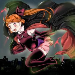 Rule 34 | boots, bow, bowtie, cape, cityscape, collar, elbow gloves, fangs, gloves, high heels, miniskirt, orange hair, pink skirt, pointy ears, ponytail, red bow, red bowtie, red eyes, red footwear, red gloves, skirt, sleeveless, slit pupils, smile, tagme, thigh boots, thighhighs, vampire, white collar, yozora