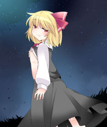 Rule 34 | 1girl, bad id, bad pixiv id, blonde hair, blush, clothes lift, commentary request, cum, cumdrip, flat chest, hair ribbon, half-closed eyes, hammer (sunset beach), long sleeves, looking at viewer, night, nipples, red eyes, ribbon, rumia, shirt, shirt lift, short hair, skirt, sky, smile, solo, star (sky), starry sky, touhou, vest