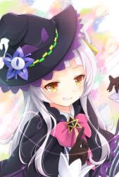 Rule 34 | 1girl, black capelet, black gloves, black hat, blunt bangs, bow, bowtie, capelet, commentary, gloves, grin, hair bun, hair ornament, hat, hololive, iris yayoi, long hair, long sleeves, looking at viewer, murasaki shion, murasaki shion (1st costume), pink bow, pink bowtie, shirt, side bun, silver hair, single side bun, smile, smirk, solo, striped clothes, striped shirt, tilted headwear, upper body, vertical-striped clothes, vertical-striped shirt, virtual youtuber, witch, witch hat, yellow eyes