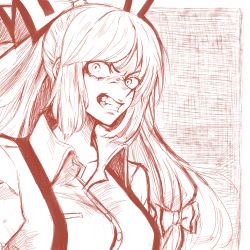Rule 34 | 1girl, angry, bow, breast pocket, clenched teeth, collared shirt, commentary, fujiwara no mokou, hair bow, highres, long hair, looking at viewer, monochrome, pocket, red theme, rye (hyn uka), shirt, solo, suspenders, teeth, touhou, upper body, wide-eyed, wing collar