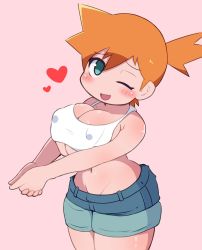 Rule 34 | 1girl, bare arms, bare shoulders, blue shorts, blush, bottle, breasts, cleavage, covered erect nipples, creatures (company), crop top, denim, denim shorts, eyelashes, game freak, gen 1 pokemon, green eyes, hair between eyes, heart, highres, large breasts, looking at viewer, misty (pokemon), miyazero, navel, nintendo, one eye closed, open mouth, orange hair, pokemon, pokemon lgpe, shirt, short hair, shorts, simple background, smile, solo, wet, white shirt, wide hips, wink