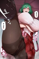 Rule 34 | 1girl, arms under breasts, ass, black panties, black pantyhose, breasts, commentary request, green hair, grey background, highres, huge breasts, kazami yuuka, looking at viewer, open mouth, panties, pantyhose, plaid, plaid skirt, presenting, red eyes, red skirt, shirt, short hair, simple background, skirt, solo, speech bubble, starraisins, steaming body, thick thighs, thighs, touhou, translation request, umbrella, underwear, white shirt