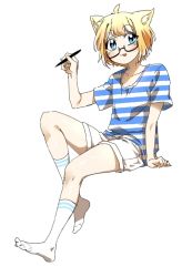 Rule 34 | 1boy, :3, ahoge, animal ears, blonde hair, blue eyes, blush, collarbone, dog boy, dog ears, fang, full body, glasses, highres, kim tosyeo, looking at viewer, male focus, multicolored hair, open mouth, parkgee, shirt, short shorts, shorts, simple background, smile, socks, solo, striped clothes, striped shirt, stylus, twitch.tv, white background, white hair