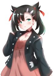 Rule 34 | 1girl, absurdres, asymmetrical bangs, black choker, black hair, black jacket, blush, breasts, choker, cleavage, collarbone, commentary request, creatures (company), dress, earrings, game freak, green eyes, hair ribbon, hand up, highres, jacket, jewelry, long sleeves, looking at viewer, marnie (pokemon), nintendo, open clothes, open jacket, parted lips, pink dress, pokemon, pokemon swsh, red ribbon, ribbon, shibakame, simple background, sleeves past wrists, small breasts, solo, twintails, white background