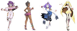 Rule 34 | 4girls, :3, acerola (pokemon), anklet, armlet, bangle, bare arms, bare shoulders, bead necklace, beads, big hair, black eyes, black hair, blonde hair, blue nails, bracelet, breasts, creatures (company), crop top, dark-skinned female, dark skin, dress, earrings, game freak, gem, genzoman, glasses, green eyes, grey eyes, hair ornament, hair over one eye, high heels, highres, holding, holding poke ball, island kahuna, jewelry, large breasts, leggings, lipstick, long hair, looking at viewer, lusamine (pokemon), makeup, midriff, multicolored clothes, multicolored dress, multiple girls, nail polish, neck ring, necklace, nintendo, olivia (pokemon), open mouth, pink-framed eyewear, pink footwear, poke ball, poke ball (basic), pokemon, pokemon sm, purple eyes, purple hair, purple shorts, ribbed sweater, sandals, shoes, short dress, short hair, short shorts, shorts, simple background, sleeveless, sleeveless dress, smile, stitches, sweater, swept bangs, thighlet, toenail polish, toenails, topknot, trial captain, turtleneck, turtleneck sweater, very long hair, white background, white legwear, wicke (pokemon)