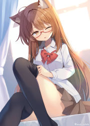 Rule 34 | 1girl, animal ear fluff, animal ears, backlighting, black thighhighs, brown eyes, brown hair, brown skirt, collared shirt, commission, curtains, day, dress shirt, dressing, feet out of frame, hair between eyes, highres, indoors, long hair, looking at viewer, no shoes, one eye closed, original, parted lips, pleated skirt, red-framed eyewear, semi-rimless eyewear, shirai tanuki, shirt, skeb commission, skirt, solo, sunlight, tail, thighhighs, twitter username, under-rim eyewear, very long hair, white shirt, window