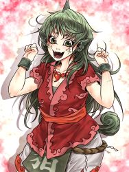 Rule 34 | 1girl, clenched hands, facial tattoo, fangs, green eyes, green hair, hands up, hidden star in four seasons, horns, komano aunn, long hair, looking at viewer, magatama, open mouth, paw pose, pointy ears, red shirt, ryuuichi (f dragon), shirt, short sleeves, single horn, skirt, smile, solo, tail, tattoo, touhou, white skirt, wristband