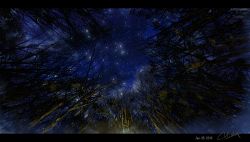 Rule 34 | artist name, bare tree, blue sky, cloud, dated, english text, forest, from below, highres, letterboxed, nature, night, no humans, original, outdoors, scenery, signature, sky, star (sky), starry sky, tree, waisshu (sougyokyuu)