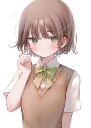 Rule 34 | 1girl, absurdres, blush, bow, bowtie, brown hair, brown sweater vest, closed mouth, collared shirt, commentary request, green bow, green bowtie, green eyes, hair ornament, hairclip, hand up, highres, looking to the side, m ydayo, original, playing with own hair, shirt, short hair, short sleeves, simple background, solo, sweat, sweater vest, twitter username, upper body, white background, white shirt, x hair ornament