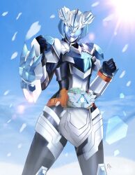 Rule 34 | 1girl, absurdres, alchemisdriver, alternate costume, armor, blue background, blue bodysuit, blue eyes, bodysuit, cerberus, claw (weapon), claws, clenched hand, clenched hands, compound eyes, contrapposto, crystal, highres, ice, jewelry, kamen rider, kamen rider gotchard (series), kamen rider majade, looking at viewer, moon, mooncerberus, neminemoon, official alternate costume, power armor, reiei 8, ring, sunlight, weapon, white armor, yoacerberus