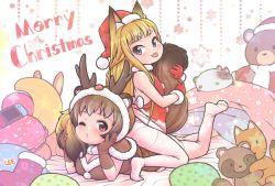 Rule 34 | 2girls, :p, animal costume, animal ear fluff, animal ears, animal hood, artist name, backless outfit, bare shoulders, bed sheet, blonde hair, blue eyes, breasts, brown capelet, brown eyes, brown gloves, brown hair, capelet, christmas, commentary, ears through headwear, fake antlers, flat chest, fox ears, fox tail, full body, fur-trimmed capelet, fur-trimmed gloves, fur-trimmed headwear, fur-trimmed hood, fur trim, gloves, hat, holding another&#039;s tail, hood, hooded capelet, komugi (lee), large breasts, lee (colt), long hair, looking at viewer, lying, merry christmas, miku (lee), multiple girls, nintendo switch, on stomach, one eye closed, original, panties, panties under pantyhose, pantyhose, pom pom (clothes), raccoon ears, raccoon girl, raccoon tail, red gloves, red headwear, reindeer costume, reindeer hood, santa costume, santa hat, short eyebrows, short hair, sitting, sitting on person, straddling, stuffed toy, tail, thick eyebrows, tongue, tongue out, underwear, white legwear