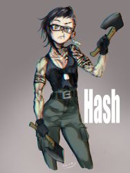 Rule 34 | 1girl, arm tattoo, asymmetrical hair, belt, breasts, character name, chromatic aberration, cowboy shot, dog tags, dual wielding, earrings, female focus, fox udon, frown, glasses, gradient background, grey background, hatchet, high-waist pants, highres, holding, jewelry, muscular, muscular female, original, pants, punk, small breasts, solo, tank top, tattoo, tomboy, undercut, yellow eyes