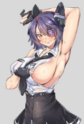 Rule 34 | 1girl, areola slip, arm up, armpits, black gloves, black necktie, black skirt, blush, breasts, closed mouth, clothes pull, collarbone, eyepatch, gloves, grey background, hair between eyes, headgear, high-waist skirt, kantai collection, large breasts, looking at viewer, necktie, nipple slip, nipples, partially fingerless gloves, purple hair, shirokuma a, shirt, shirt pull, short hair, sideboob, simple background, skirt, sleeveless, smile, solo, sweat, tenryuu (kancolle), tenryuu kai ni (kancolle), tongue, tongue out, white shirt, yellow eyes