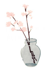 Rule 34 | artist name, branch, cherry blossoms, flower, hirasawa minami, no humans, no lineart, original, partially immersed, pink flower, plant, refraction, ripples, simple background, still life, vase, water, white background