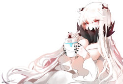 Rule 34 | 2girls, abyssal ship, aircraft carrier princess, blush, breasts, cleavage, colored skin, covered mouth, cup, dress, hair between eyes, hi ye, holding, holding cup, horns, kantai collection, long dress, long hair, midway princess, mini person, minigirl, multiple girls, pale skin, red eyes, side ponytail, simple background, very long hair, white background, white dress, white hair, white skin