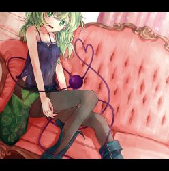 Rule 34 | 1girl, blue footwear, boots, border, camisole, colored eyelashes, couch, dutch angle, eyeball, floral print, green eyes, green hair, green skirt, grey pantyhose, heart, heart of string, karua m, komeiji koishi, letterboxed, long hair, looking at viewer, matching hair/eyes, md5 mismatch, on couch, open mouth, pantyhose, resized, resolution mismatch, sitting, skirt, sleeveless, smile, solo, source larger, spaghetti strap, string, third eye, touhou, underwear, unzipped