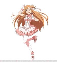 Rule 34 | 10s, 1girl, asuna (sao), brown eyes, brown hair, dress, frilled dress, frills, full body, gloves, hair ornament, hair ribbon, holding, holding microphone, long hair, microphone, open mouth, pantyhose, ribbon, simple background, solo, sword art online, sword art online: code register, watermark, white background, white gloves, white pantyhose
