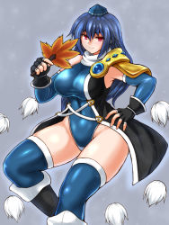 Rule 34 | 1girl, adapted costume, armpit peek, black footwear, black gloves, blue hair, blue leotard, blue sleeves, blue thighhighs, boots, coat, compression sleeve, covered navel, gloves, hat, hauchiwa, highleg, highleg leotard, highres, iizunamaru megumu, leotard, long hair, pointy ears, pom pom (clothes), red eyes, ribbon trim, shetake, shoulder guard, simple background, sleeveless, sleeveless coat, solo, thighhighs, tokin hat, touhou, turtleneck, white background
