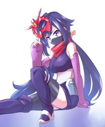Rule 34 | 1girl, ayame (gundam build divers), black hair, black thighhighs, boots, breasts, commentary request, elbow gloves, fingerless gloves, gloves, gundam, gundam build divers, hair ornament, highres, hip armor, ishiyumi, japanese clothes, kimono, knee boots, long hair, looking at viewer, mask, mask on head, medium breasts, mouth mask, ninja, ninja mask, purple eyes, red scarf, scarf, short kimono, sidelocks, sitting, sleeveless, solo, split ponytail, thighhighs, thighhighs under boots, very long hair