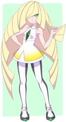 Rule 34 | 1girl, bare arms, bare shoulders, blonde hair, breasts, closed mouth, creatures (company), dress, game freak, green eyes, hair over one eye, long hair, looking at viewer, lusamine (pokemon), nintendo, nyantiu, pokemon, pokemon sm, sleeveless, sleeveless dress, smile, solo, very long hair, white dress