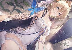 Rule 34 | 1girl, bare shoulders, blonde hair, blue eyes, breasts, bug, butterfly, cleavage, doushite, dress, dutch angle, europa (granblue fantasy), flower, granblue fantasy, hair flower, hair ornament, bug, kneeling, large breasts, looking at viewer, parted lips, short hair, solo, tiara