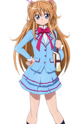 Rule 34 | 10s, 1girl, bag, blue eyes, blue shirt, bow, hand on own hip, houjou hibiki, long hair, looking at viewer, oimanji, orange hair, pink bow, precure, school uniform, shirt, simple background, smile, solo, suite precure, two side up, white background