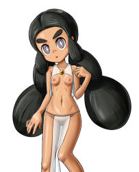 Rule 34 | 1girl, bare shoulders, black hair, breastless clothes, breasts, cleft of venus, collarbone, creatures (company), crop top, dark-skinned female, dark skin, female focus, forehead, game freak, gluteal fold, hand up, hapu (pokemon), head tilt, island kahuna, loincloth, long hair, looking at viewer, navel, nintendo, nipples, open mouth, pokemon, pokemon sm, purple eyes, pussy, see-through, shiny skin, shirt, shougun (chuckni1), sidelocks, simple background, sleeveless, sleeveless shirt, small breasts, solo, standing, stomach, twintails, uncensored, white background, white shirt