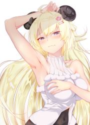 Rule 34 | 1girl, absurdres, ahoge, alternate costume, arm over head, armpits, bare shoulders, blonde hair, braid, breasts, closed mouth, curled horns, french braid, fur-trimmed sweater, fur trim, hair ornament, hairclip, half-closed eyes, hand on breast, highres, hololive, horns, large breasts, light smile, long hair, lotus hair ornament, lying, on back, paddy san, purple eyes, ribbed sweater, sheep horns, simple background, sleeveless, sleeveless sweater, solo, sweater, tsunomaki watame, tsunomaki watame (1st costume), tsurime, turtleneck, turtleneck sweater, very long hair, virtual youtuber, white background, white sweater