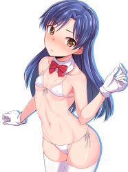 Rule 34 | 1girl, bikini, blue hair, bow, bowtie, breasts, brown eyes, cowboy shot, dan (orange train), detached collar, front-tie top, gloves, idolmaster, idolmaster (classic), kisaragi chihaya, long hair, looking at viewer, micro bikini, red bow, red bowtie, side-tie bikini bottom, simple background, small breasts, solo, swimsuit, thighhighs, white background, white bikini, white gloves, white thighhighs