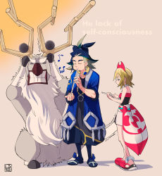 Rule 34 | 1boy, 1girl, adaman (pokemon), anklet, beamed sixteenth notes, blonde hair, blue eyes, blue hair, clenched teeth, covering own ears, creatures (company), dress, eighth note, english text, flute, game freak, grey hair, highres, how long, instrument, irida (pokemon), jewelry, music, musical note, nintendo, pink footwear, playing instrument, pokemon, pokemon legends: arceus, recorder, short hair, standing, teeth, trembling, white background, wyrdeer