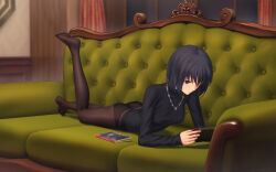 Rule 34 | 1girl, ass, black eyes, black hair, black shirt, breasts, brown pantyhose, commission, couch, full body, highres, indoors, jewelry, kuonji alice, long sleeves, lying, mahou tsukai no yoru, medium breasts, miura-n315, necklace, nintendo switch, no shoes, on stomach, panties, panties under pantyhose, pantyhose, playing games, shirt, short hair, sleeves past wrists, soles, solo, the pose, underwear