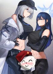 Rule 34 | 1boy, 2girls, absurdres, ak-15 (girls&#039; frontline), ak-15 (girls&#039; frontline) (cosplay), alternate costume, doodle sensei (blue archive), baseball cap, beret, black gloves, black hair, black pants, blue archive, blush, braid, breasts, chadlink, coat, colored inner hair, commander (girls&#039; frontline), cosplay, costume switch, crossed legs, elbow pads, girls&#039; frontline, gloves, gradient background, grey background, grey eyes, grey hair, hair between eyes, halo, hat, height difference, highres, large breasts, long hair, long sleeves, looking at another, multicolored hair, multiple girls, navel, nervous sweating, open clothes, open coat, pants, saori (blue archive), saori (blue archive) (cosplay), sensei (blue archive), sidelocks, simple background, single braid, sleeveless, smile, stomach, sweat, tank top, trait connection, turtleneck, two-tone background, two-tone hair, white coat