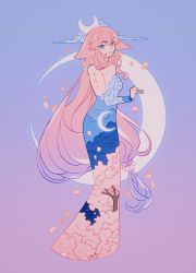 Rule 34 | 1girl, absurdres, animal ears, back tattoo, bare shoulders, beads, breasts, cloud, commentary, crescent, crescent moon, detached sleeves, dress, earrings, english commentary, fox ears, from behind, full body, genshin impact, gradient background, gradient hair, hair beads, hair between eyes, hair ornament, highres, jewelry, long hair, looking at viewer, looking back, low-tied long hair, meyoco, moon, multicolored hair, night, night sky, petals, pink hair, purple eyes, purple hair, sidelocks, sky, solo, sparkle, standing, streaked hair, tattoo, tree, very long hair, yae miko
