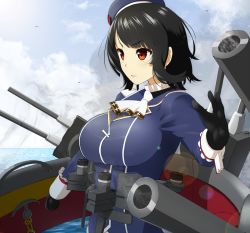 Rule 34 | 10s, 1girl, ascot, black gloves, black hair, blue sky, breasts, brown eyes, cannon, cloud, day, gloves, hat, kantai collection, large breasts, long sleeves, machinery, mattari yufi, military, military uniform, ocean, sky, solo, takao (kancolle), uniform