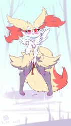 Rule 34 | 1girl, animal ear fluff, animal ears, animal hands, artist name, between legs, blue background, blush, braixen, clenched hand, creatures (company), dated, female focus, female masturbation, fox ears, fox tail, full body, furry, furry female, game freak, gen 6 pokemon, grass, half-closed eye, hand between legs, hand up, heart, heart-shaped pupils, highres, lin mzhh, looking down, masturbation, navel, nintendo, object insertion, open mouth, outdoors, pigeon-toed, pokemon, pokemon (creature), pussy juice, red eyes, saliva, signature, snow, solo, standing, stick, symbol-shaped pupils, tail, tears, tree, uneven eyes, vaginal, vaginal object insertion