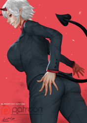 Rule 34 | 1girl, ariverkao, ass, breasts, business suit, dated, formal, grin, horns, large breasts, looking at viewer, looking back, original, patreon logo, pointy ears, red background, red eyes, short hair, signature, smile, solo, suit, watermark, web address, white hair