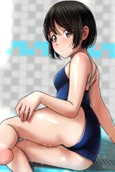 Rule 34 | 1girl, absurdres, arm support, ass, bare arms, bare legs, bare shoulders, barefoot, black hair, blue one-piece swimsuit, blush, breasts, brown eyes, competition school swimsuit, from side, frown, hand on own leg, hand on own thigh, highres, looking at viewer, looking to the side, matsunaga kouyou, one-piece swimsuit, original, poolside, school swimsuit, short hair, sidelocks, sitting, small breasts, solo, swept bangs, swimsuit, thighs, wet, wet clothes, wet hair, wet swimsuit, yokozuwari