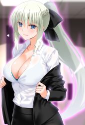 Rule 34 | 1girl, black bow, black skirt, blue bra, blue eyes, blush, bow, bra, bra visible through clothes, braid, breasts, collared shirt, dress shirt, engo (aquawatery), fate/grand order, fate (series), french braid, front-hook bra, grey hair, hair bow, large breasts, long hair, long sleeves, looking at viewer, morgan le fay (chaldea satellite station) (fate), morgan le fay (fate), office lady, open bra, ponytail, see-through, shirt, sidelocks, skirt, solo, underwear, undone bra, very long hair, white shirt, x-ray